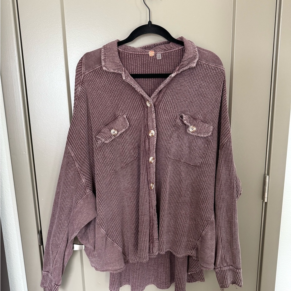 Free People Purple/Brown Oversized Button Down Shirt